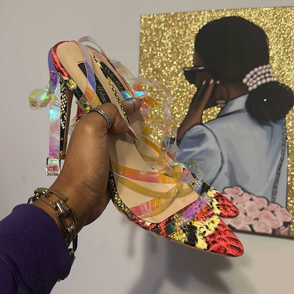 Snake print heeled sandal with iridescent straps